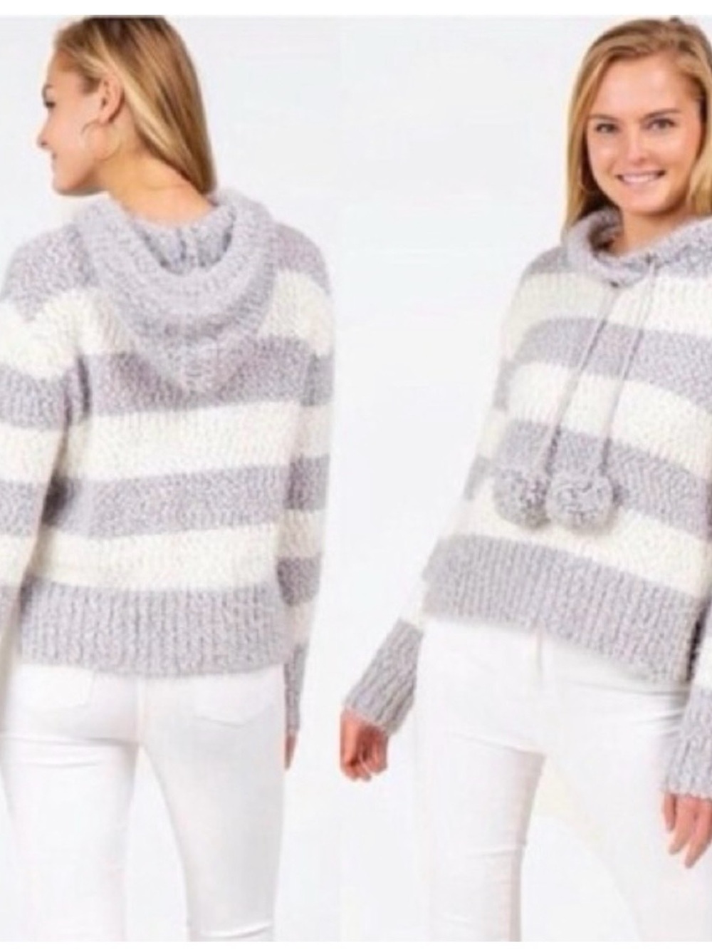 Francesca's Collections Gray & White Striped Hooded Pom-Pom Sweater